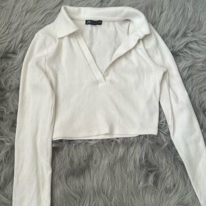Zara Cream Ribbed Polo Crop Top